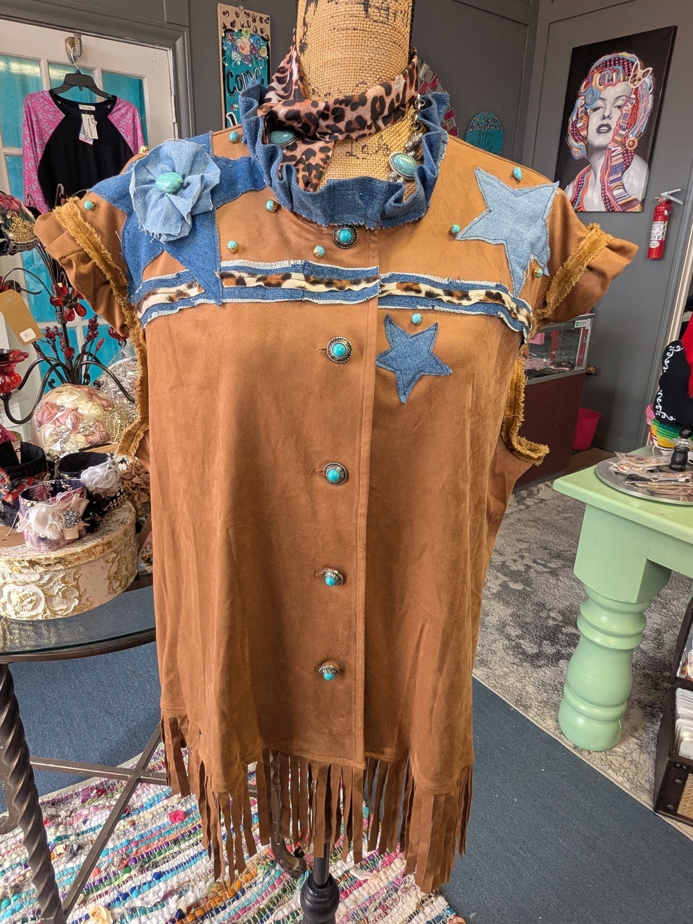 Boho Fringe Suede Vest with Denim Star Accents - Turquoise Buttons
